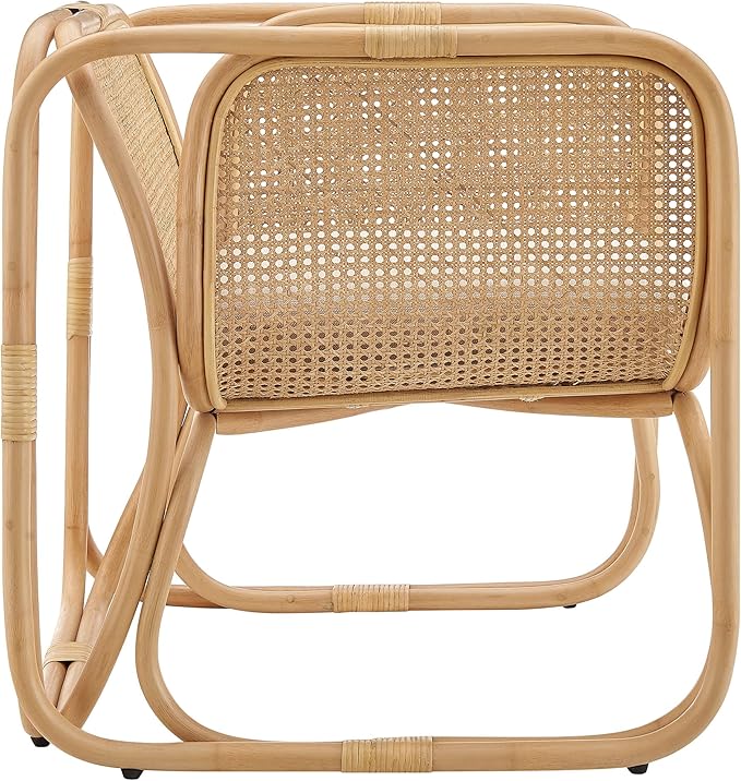 Ellis Natural Rattan Accent Armchair in Natural – Curved Low Lounge Chair with Cushioned Seat for Living Room Sunroom or Covered Patio