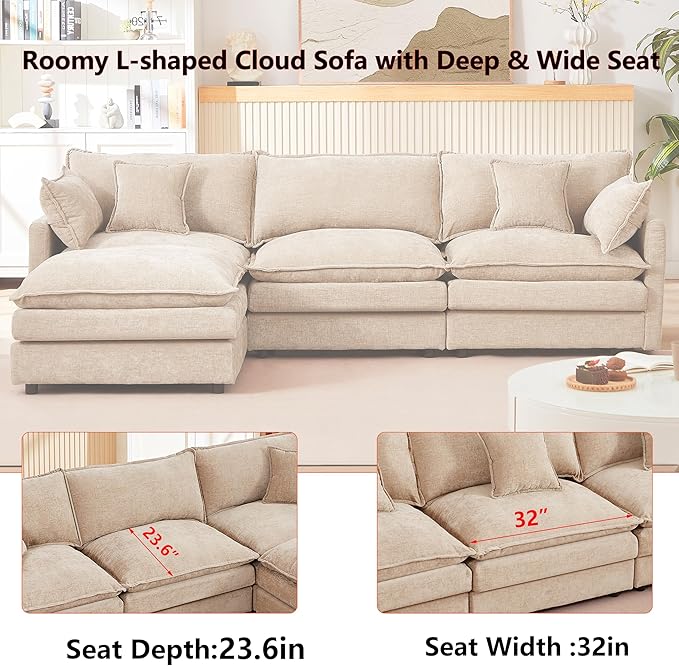 102 L-Shaped Sofa for Living RoomModular Sectional Cloud Sofa Couch with OttomanModern Chenille 3 Seater Sofas with Deep SeatSmall L Shaped Couches for Bedroom (Light Coffee 102)