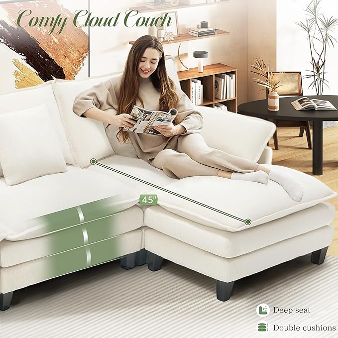 Comfy Cloud Couch with Movable Ottoman Modular Sectional Sofa 140 U Shaped Modern Sofa with Pillows Deep Seat Couches for Living Room Bedroom and Apartment Beige