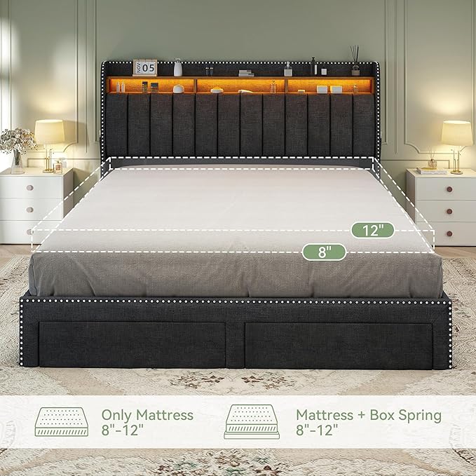 Torana Full LED Bed Frame with 2 Drawers Linen Upholstered Storage Wingback Headboard Beds Channel Tufted Platform Bedframe with Rivet Decor No Box Spring Needed Dark Grey