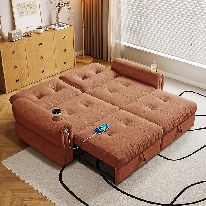 77.2 Inch Convertible Sofa Bed: 2-in-1 Multi-Functional Sleeper Sofa with Modern Chenille Fabric Perfect for Living Rooms Bedrooms Apartments and Home Offices Dark (Orange)