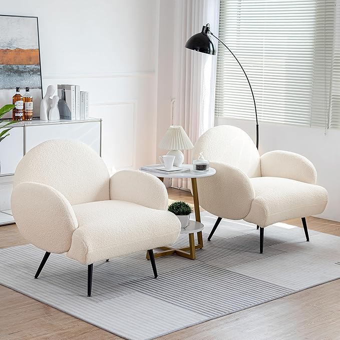 Accent Chair White with Black Metal LegsReading Chair for Bedroom Comfy Boucle Sherpa Chair for Living Room Bedroom