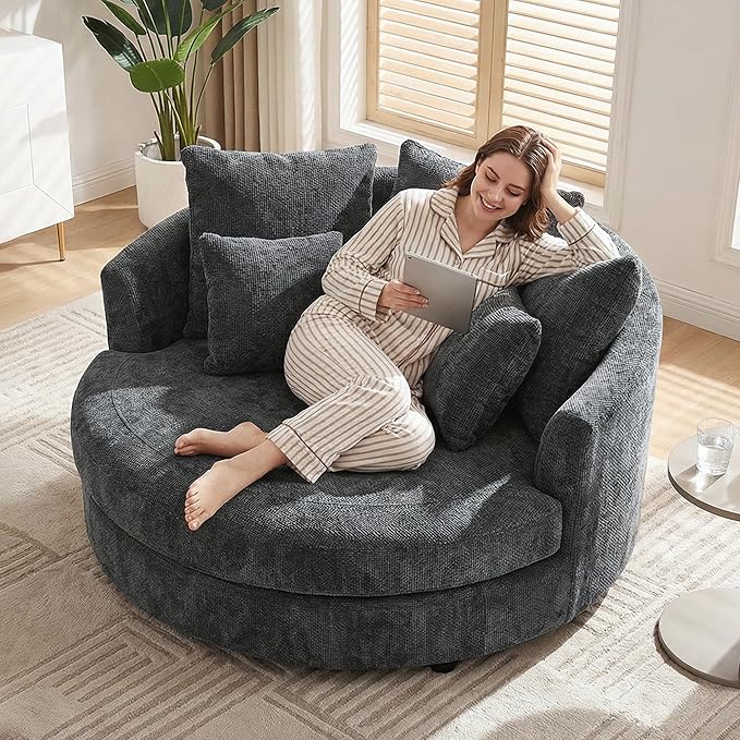 Aoiy &amp Wifon 59.8 W Oversized Barrel Chair Round Accent Chair with Wheels Extra Large Living Room Chair Knitted Chenille Charcoal