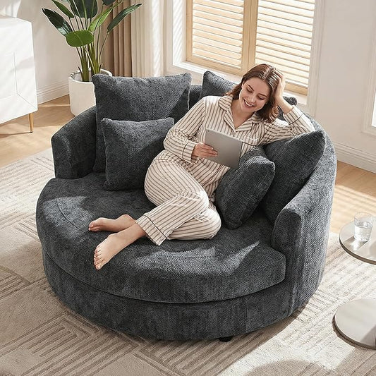 Aoiy &amp Wifon 59.8 W Oversized Barrel Chair Round Accent Chair with Wheels Extra Large Living Room Chair Knitted Chenille Charcoal