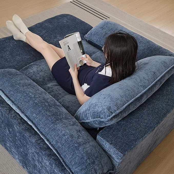 69 Oversized Boneless Chaise Lounge Chair Indoor No Assembly Blue Lounge Couch Chenille Upholstered Sofa Bed with Pocket Springs Reading Chair with Ottoman for Living Room Bedroom Office