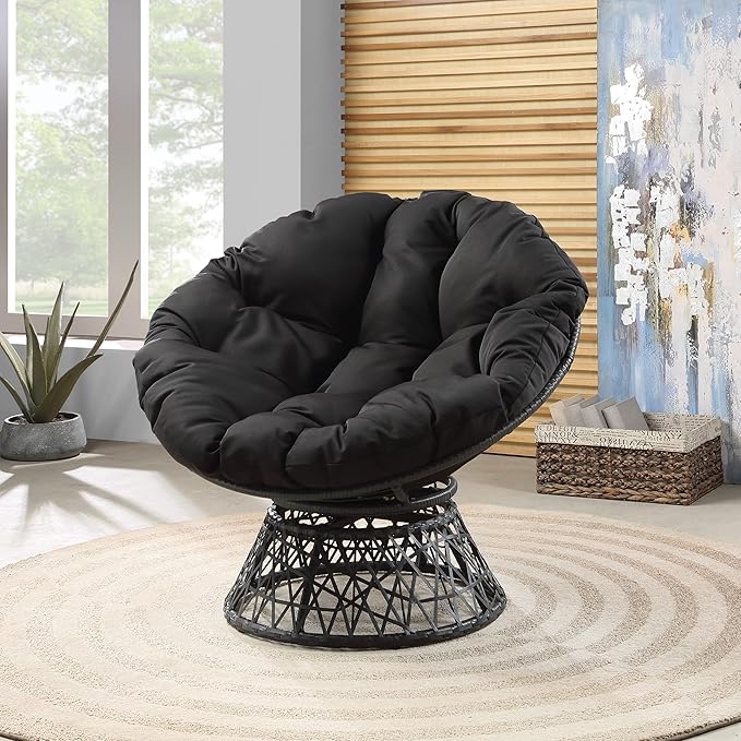 OSP Home Furnishings Wicker Papasan Chair with 360-Degree Swivel Grey Frame with Black Cushion