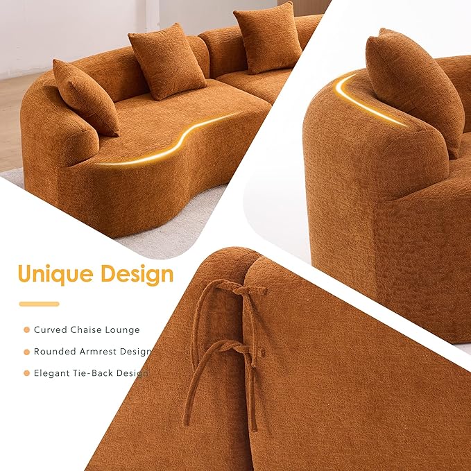 Oversized Sectional Sofa for Living Room 110 Modern Luxury Plush Chenille Sofa 4-Seater Extra Deep &amp Wide Seat Curved Cloud Couch with 4 Throw Pillows Orange