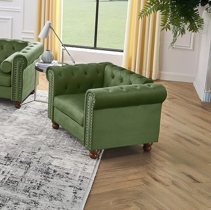 Velvet Chesterfield Chair Club Chair Tufted Single Sofa Couch for Living Room Accent Armchair with Nailhead Trim Green