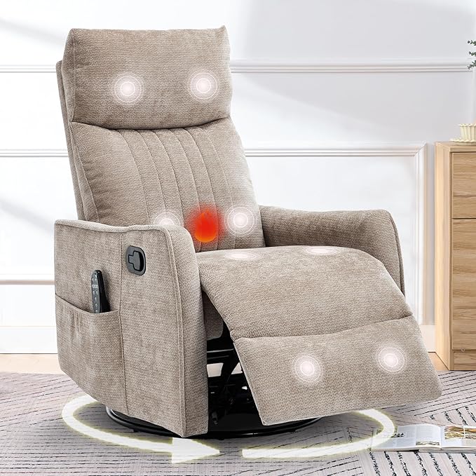 cinkehome Swivel Rocker Recliner Glider Rocker Recliner Chair for Nursery Manual Reclining Chair with Heated Massage Small Spaces Living Room Khaki Chenille
