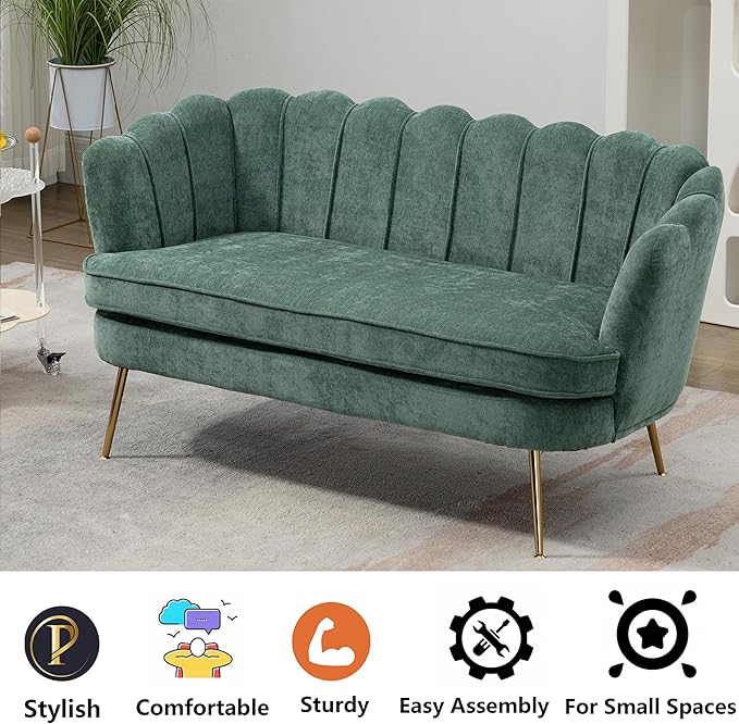 Chenille Small Sofa Couch for Small Spaces Living Room Bedroom59 Loveseat Couches with Gold Metal LegsChannel Tufted 2 Seater Sofas with Curved Back and Arms for ApartmentRV