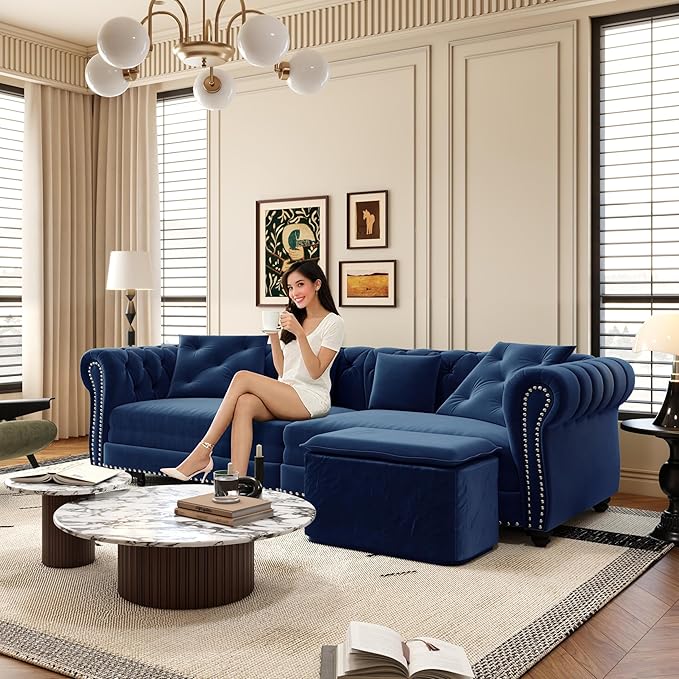 3-in-1 Convertible Sleeper Sofa Bed with Storage Ottoman King Size Velvet Tufted Chesterfield Sofa for Living Room Apartment Guest Room (Blue)
