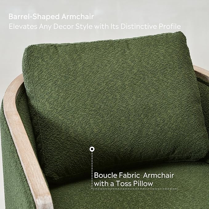 KINWELL 31 W Wood Frame Modern Boucle Swivel Barrel Armchair Mid Century Upholstered Accent Sofa Chair with Pillow Back for Living Room Lounge &amp Bedroom Green