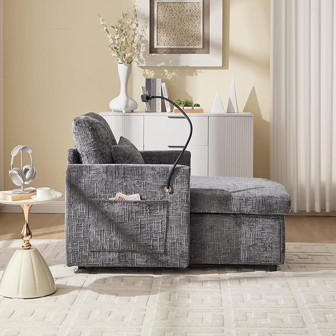 Multifunctional Sofa Recliner Chairs with Storage Cell Phone Bracket Chenille Recliner Chair Bed with Side Pockets and High Backrest Modern Living Room Single Lounge Chair (Gray)