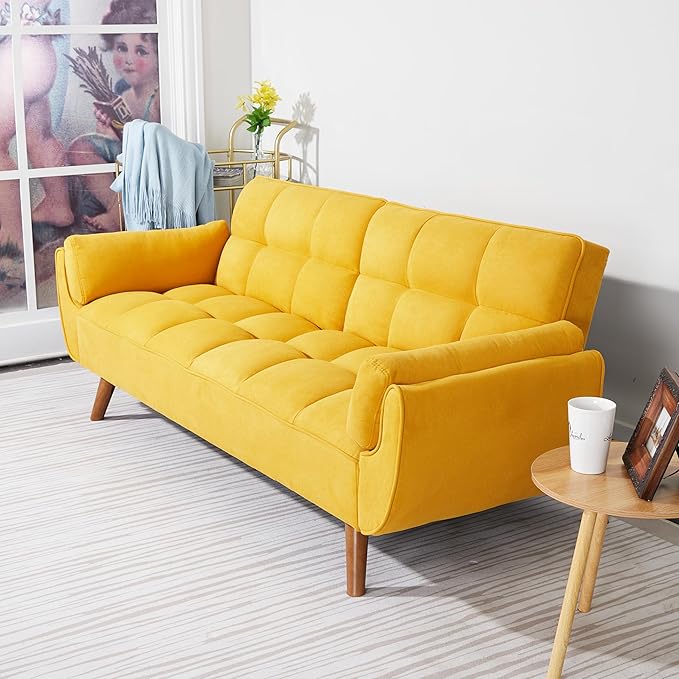 ERYE Modern Convertible Tufted Futon Sofa Bed Split Adjustable Backrest Loveseat Sofabed W/Removable Padded Armrests and Wood Legs for Living Space/Guest Room