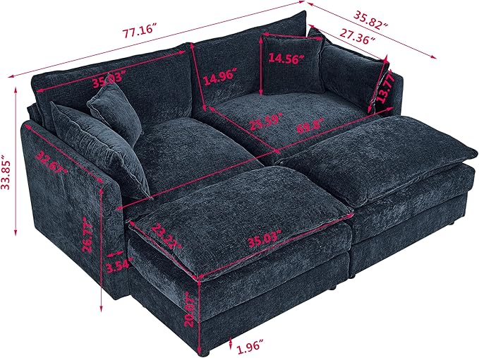 Aoowow Modular Sectional Sofa Modern Convertible Loveseat Couch77.16 Inch Deep 2-Seater Sofas Comfy Chenille Cloud Sofas and Couches Set with 2 Movable Ottoman for Living Room Apartment（Blue）