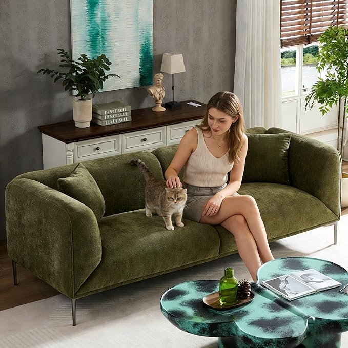 82.7 Modern Sofa Couch Sectional Sofa with Metal Legs Boucle Fabric 3 Seater Cloud Couch with 2 Pillows Upholstered Loveseat Couch for Living Room Apartment Office.(Green)