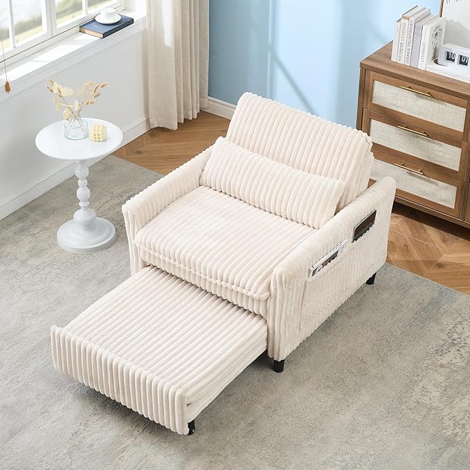 3-in-1 Convertible Sofa Chair BedPull Out Couch Single Sleeper Chair Bedwith Adjustable Backrest with Side Pockets Lounge Sofa for Living Room Bedroom Small Spaces (Beige)