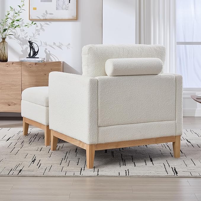 Wood Base Accent Arm Chair with Ottoman and Bolster PillowsStorage Footstool with Reversible Lid Coffee Table for Living Room Office (35.4 W Ivory Boucle Chair Set +Natural Base)