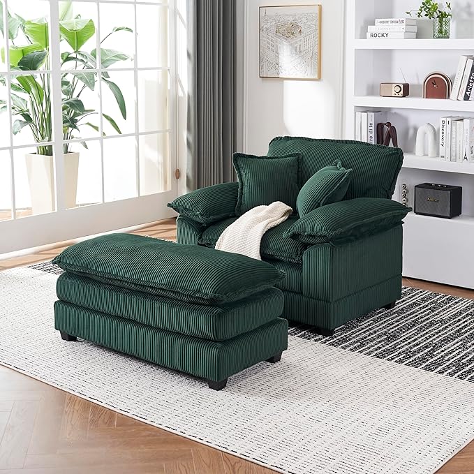 46.9 Oversized Chaise Lounge Chair Indoor with Ottoman Comfy Deep Seat Cloud Sofa Couch Reading Chair Modern Corduroy Upholstered Single Sofa Sleeper Chair for Living Room Bedroom Nursery(Green)