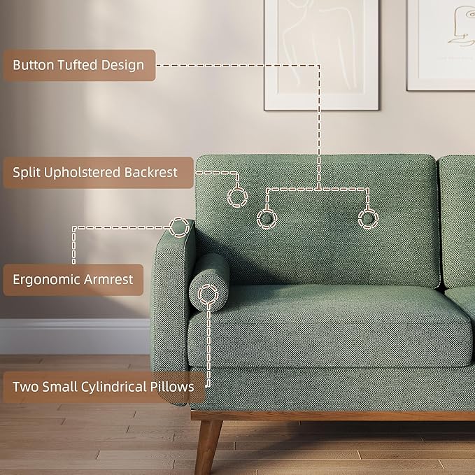 GarveeHome 65 in Loveseat Sofa Mid Century Modern Couch Comfy Love Seat Couches for Living Room 2 Seater Deep Seat Sofa Upholstered Couches for Bedroom Office Small Space Linen Green