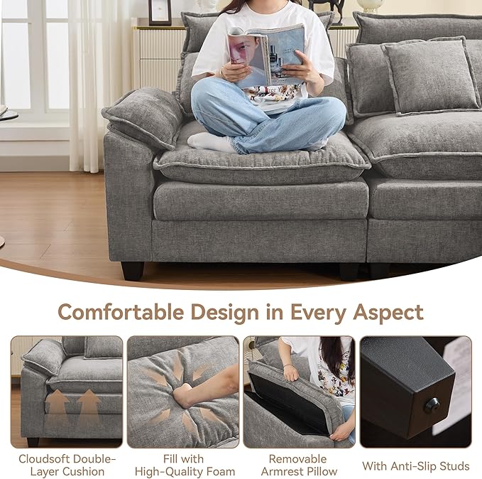 103'' Cloud Modern 3 Seater Couch with Detachable Headrest Modular Sectional Sofa with Ottoman Oversized L Shape Chenille Comfy Sofa with Armrests for Living Room Light Grey