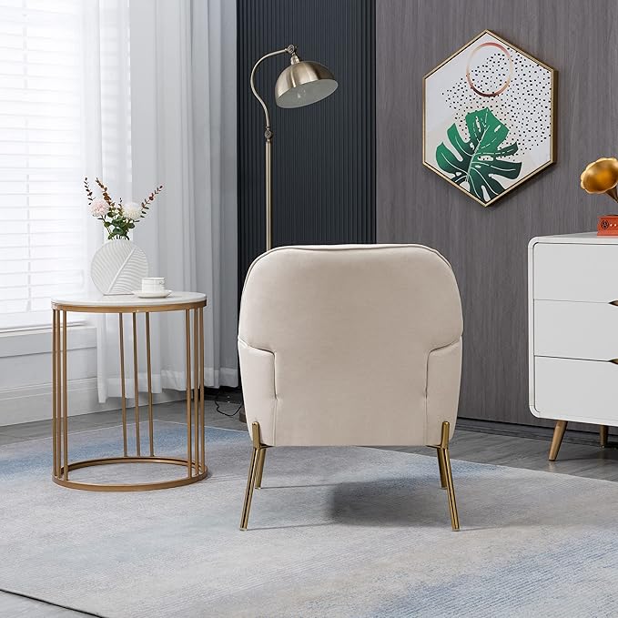 Velvet Accent Chair for Living Room Bedroom Office - Leisure Upholstered Single Sofa Arm Chair - Comfy Reading Club Coffee Chair with Metal Legs (Beige)
