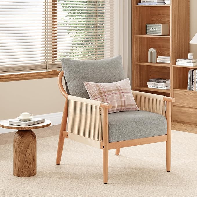 Soohow Mid-Century Modern Braid Armchair Wooden Accent Chair for Living Room &amp Bedroom Reading Spaces