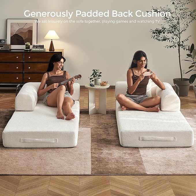79 Corduroy Floor Sofa Bed Convertible Modular Sleeper Sofa Removable Parts Design Comfortable Seating and Sleeping for Family Use Relaxation Area (Beige White)
