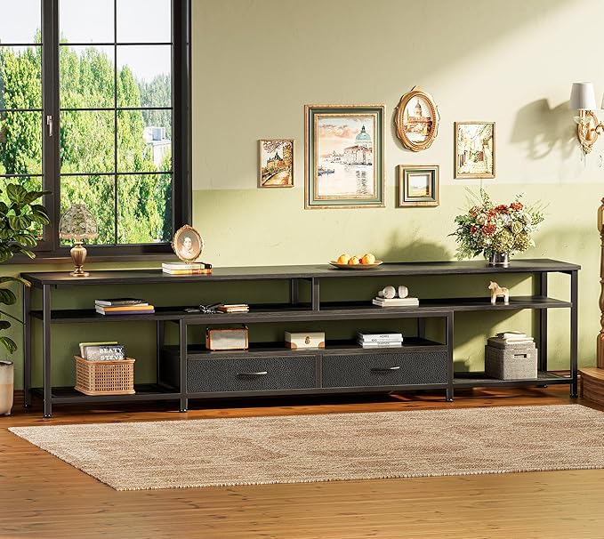 Huuger 79 Inch TV Stand for 85 90 Inch TV Entertainment Center with LED Lights and Power Outlets TV Console with Drawers Shelves Type C PU Leather Surface for Living Room Black