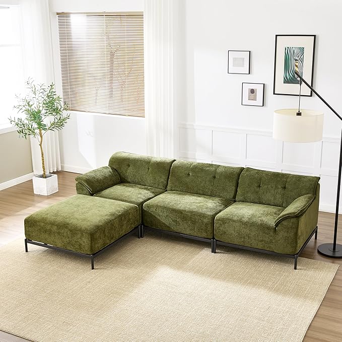 VKNOW 106 Couches for Living Room Modular Sectional Sofa with Wide Armrests and Solid Iron Frame Compressed Couch for Living RoomOfficeChenille FabricGreen