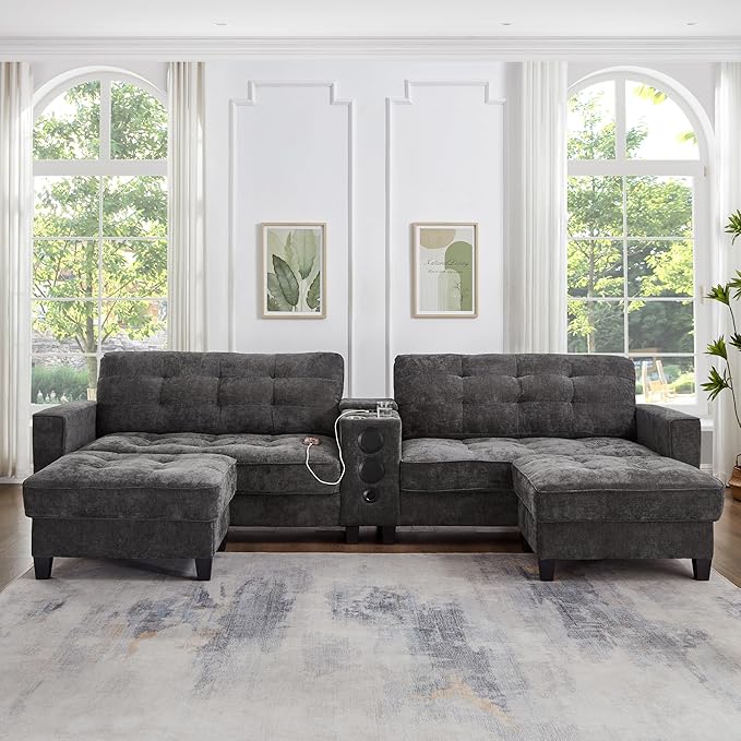 Merax Modern U-Shaped Sectional Sofa with Cupholders Charging Station and Multifunctional Console Chenille Upholstered Modular Couch &amp Movable Storage Ottomans for Living Room Apartment Grey