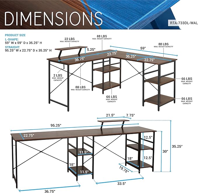 Techni Mobili Office Desk - Reversible L Shaped Desk with Storage Shelves Monitor Stand &amp Accessory Holder - Ergonomic &amp Industrial Workstation Corner Table with Durable Steel Frame Walnut