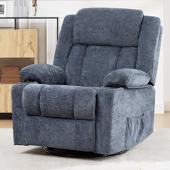 Swivel Rocker Recliner for Adults Manual Lazy Boy Recliner Chair with Cup Holders 360 Degree Rotating Nursery Rocking Chair Glider Recliner for Living Room (Blue)