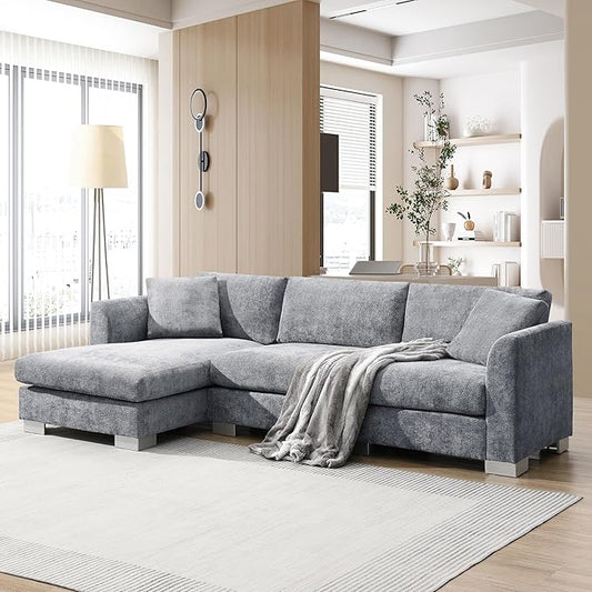 roomfitters 96 * 56 Modern Cloud Sectional Sofa L-Shaped Luxury Couch Set with 2 Pillows 4-Seat Indoor Furniture with Oversized Chaise for Living Room Gray