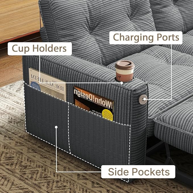 Rovibek 73.2 Convertible Sofa Bed Pull Out Couch with USB Charging Port &amp Cup Holders Adjustable Backrest Side Pockets Modern Corduroy Sleeper Sofa for Living Room Bedroom Apartment Grey