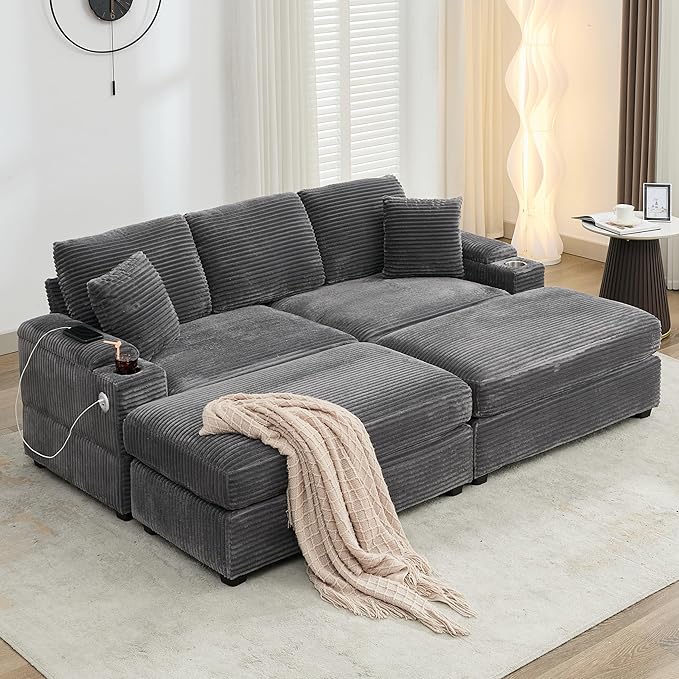 86.6 Sectional Sofa Couch with 2 Ottomans Comfy Corduroy Upholstered Cloud Modular Convertible Couch with Cup Holders and USB Armrest Storage Deep Seat Oversized Loveseat for Living Room (Gray)
