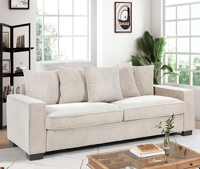 Luxe Corduroy Sofa with 5 Matching Toss Pillows Sleek Design Spacious and Comfortable 3 Seater Couch for Modern Living Room Large Ivory