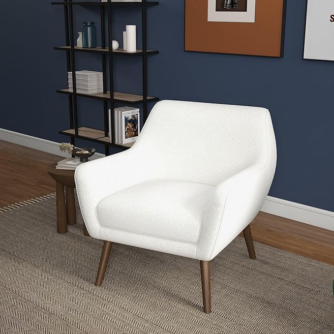 GDFStudio Mid-Century Modern Comfy Accent Chair Upholstered Boucle Lounge Vanity Chair with Rectangular Back and Solid Wood Legs Armchair Sofa Chair for Bedroom Living Room Makeup White &amp Brown