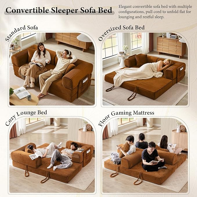 Boneless Couch Futon Sofa Bed Sectional Couches for Living RoomCloud Couch with Sleeper SofaSofas for Living Room Oversized Corduroy Upholstered (Orange 81 Inches (with Iron Frame))
