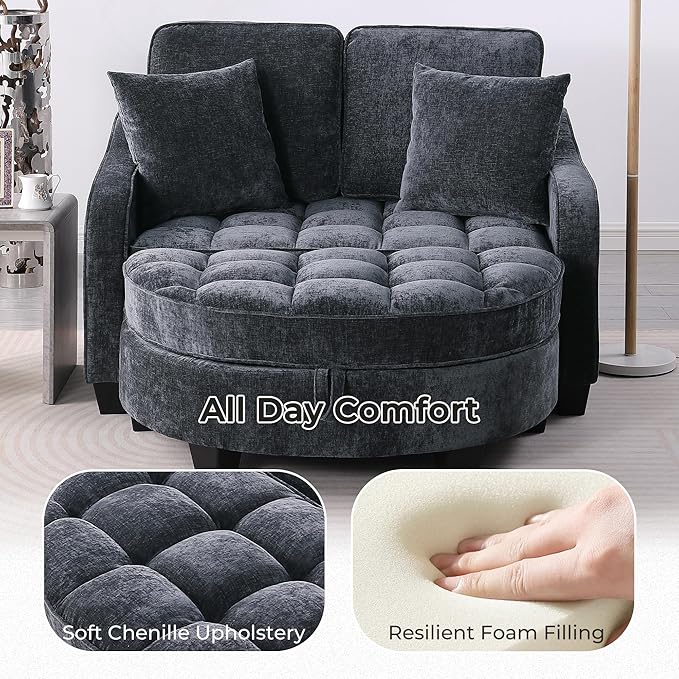 DEINPPA Oversized Accent Sofa Chair with Storage Ottoman Chenille Upholstered Comfy Chair with Throw Pillows for Living Room Reading Room Bedroom-Black