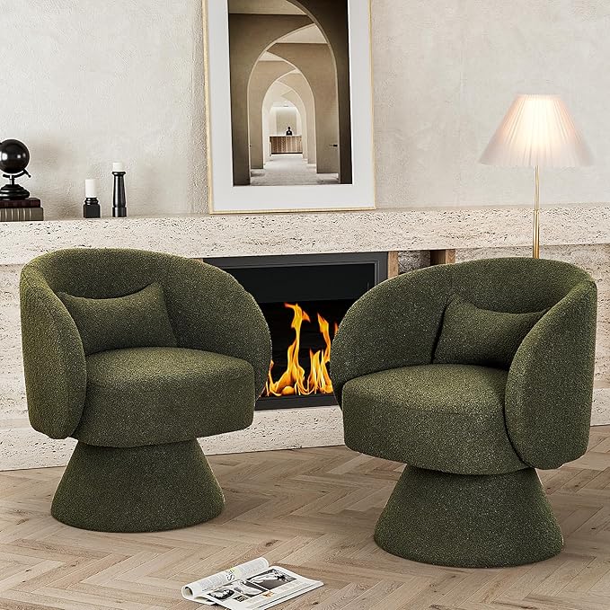 Swivel Barrel Chair Set of 2 Upholstered Swivel Cuddle Accent Chairs for Living Room Comfy 360°Small Boucle Sherpa Barrel Armchair for Bedroom Nursery (Emerald GreenTeddy)