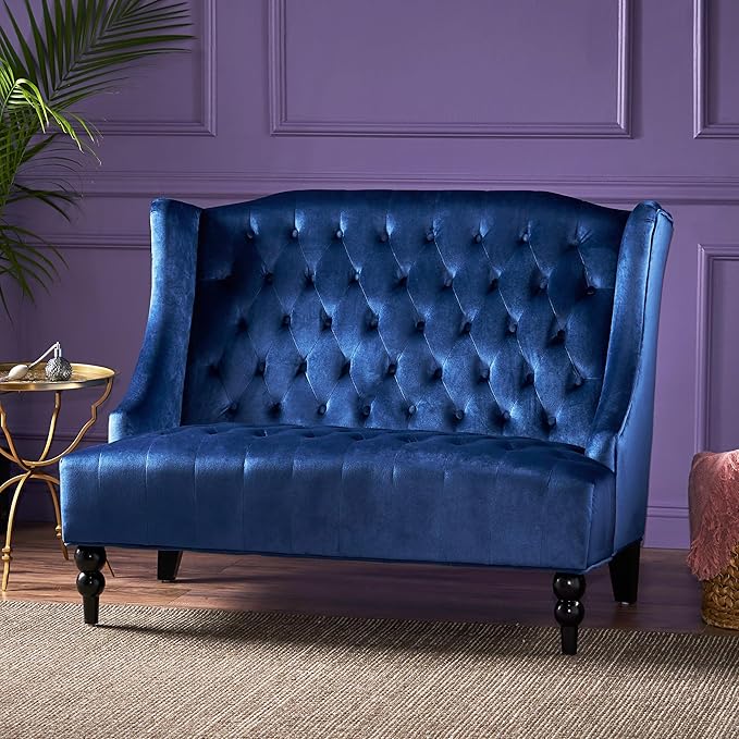Small Velvet Loveseat Sofa Settee 50.25-inch 2 Seat Modern Victorian Sofas Couch with Buttoned Tufted Wingback Upholstered Banquette Dining Bench for Dining Living Room Hallway (Navy Blue)