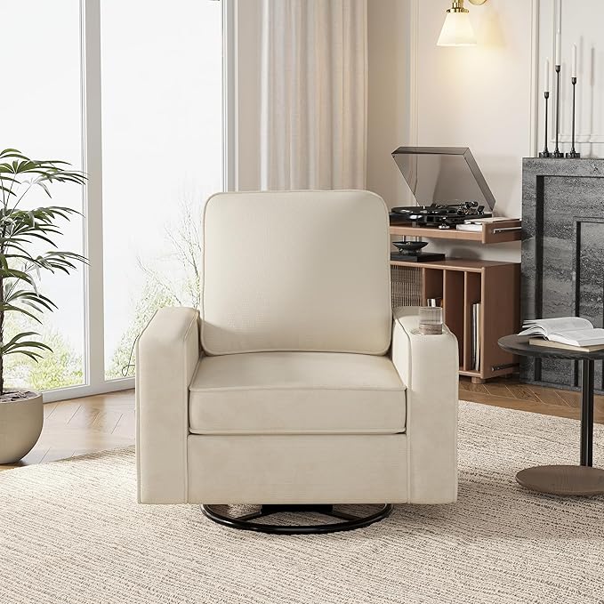 Swivel Square Accent Chair with Wide Armrests360° Rotating Comfy Single Sofa Chairs with USB/Type-CCup Holder &amp Side PocketModern Armchair for Living Room Bedroom Reading Lounge NookBeige Whit