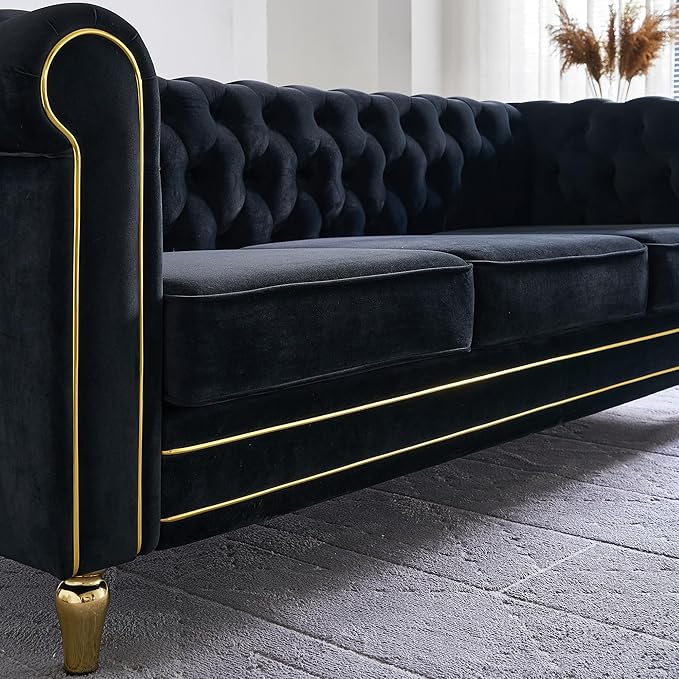 Homtique 84 Modern Couch for Living Room 3 Seater Comfy Velvet Sofa with Button Tufted Rolled Arms and Gold Legs Chesterfield Sofa for Home/Office Bedroom Black