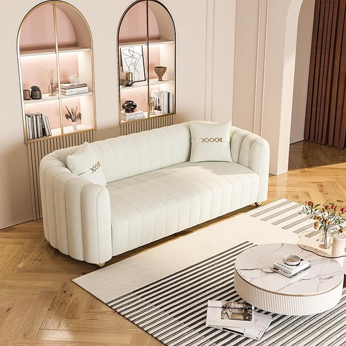 Modern Teddy Cream White Couch for Living Room 83.46 Curved Sofa with Gold Metal Sphere Legs 3 Seater Cute Couch (Teddy Cream White)