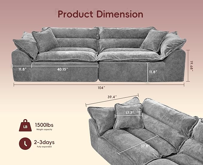 Hobestluk 104 Sectional Sofa Couches 3 Seater Modular Sofa Boneless Couch Cloud Couch with Removable Cushion Modular Sectional Couches for Living Room(Grey)