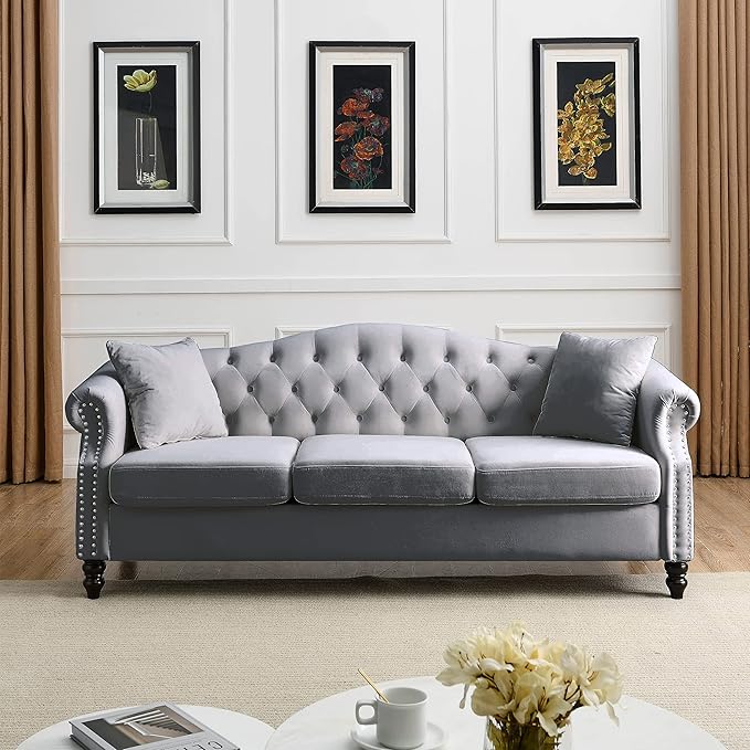 Dreamzie 79 Chesterfield Sofa Couch 3-Seater Velvet Vintage Couch Mid Century Modern Sofa with Rolled Arm for Living Room Office Light Gray