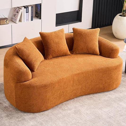 65” Orange Curved Couch&amp Loveseat Sofa with 3 Pillows Compression Couch with Round Armrest Suitable for Small Space Bedroom Living Room Memory Foam Chenille No Assembly (Orange)