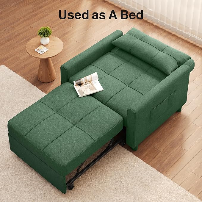 Ahomly Convertible Sleeper Chair Sofa Bed with 3-in-1 Design Adjustable Backrest and Storage Pocket for Living Room Green