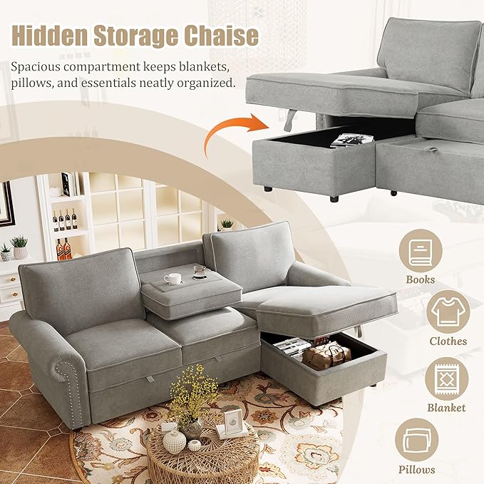 95 Convertible Sofa Bed Sectional Sofa Sleeper with Storage Chaise Pull-Down Backrest with 2 Cup Holders Arc Armrests with Nailhead Trim Polyester Fabric Acacia Wood Frame (Grey-12s)